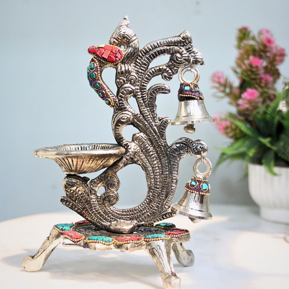 Metal Stone Double Ghanti Diya - 6