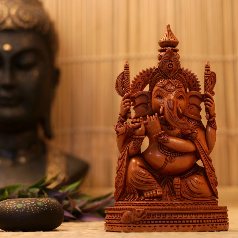 WOODEN GANESH JI WITH BANSURI