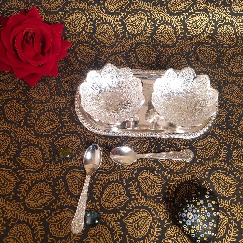 GERMAN SILVER 2PCS BOWL SET WITH SPOON & TRAY