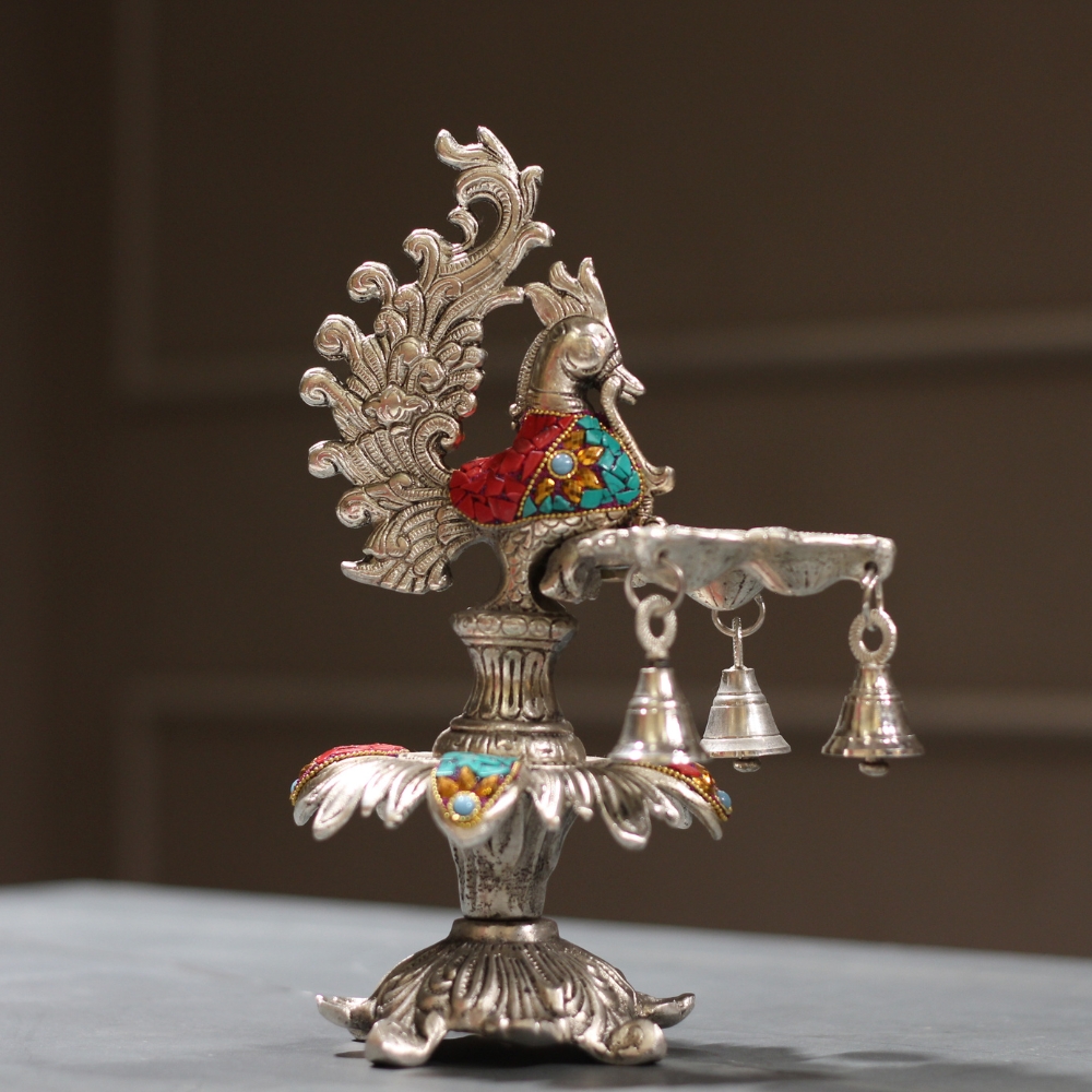 Peacock Samai 3 Diya Stone Work