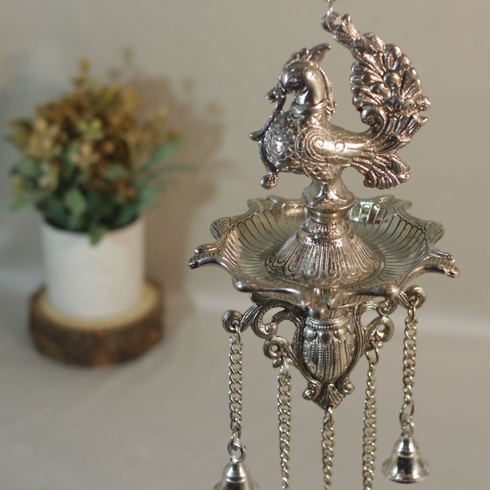 Metal 5 Ghanti Hanging Peacock Diya - 7