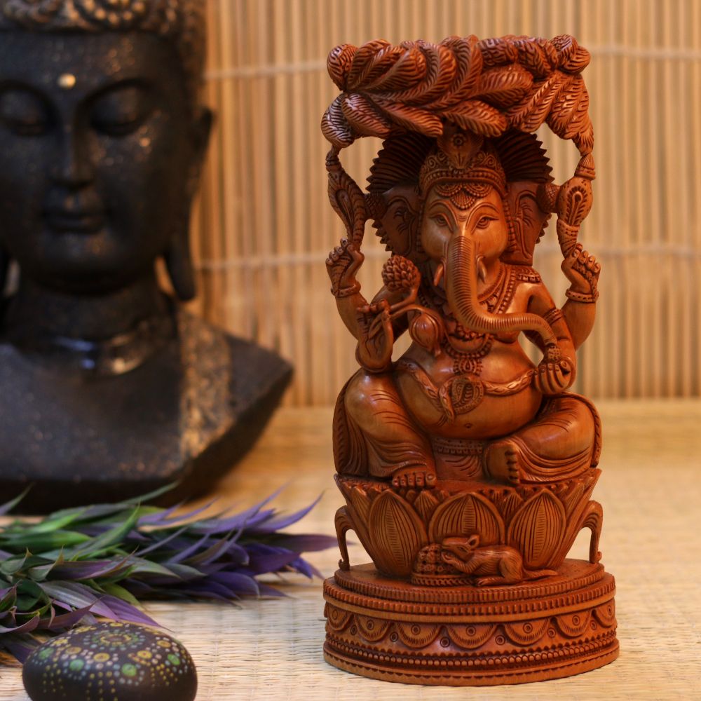 HANDCRAFTED WOODEN CARVED GANESH JI 11 INCH