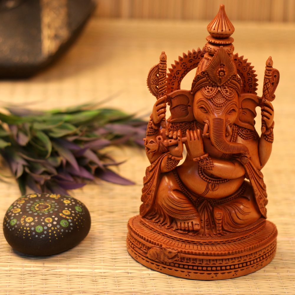 WOODEN GANESH JI WITH BANSURI