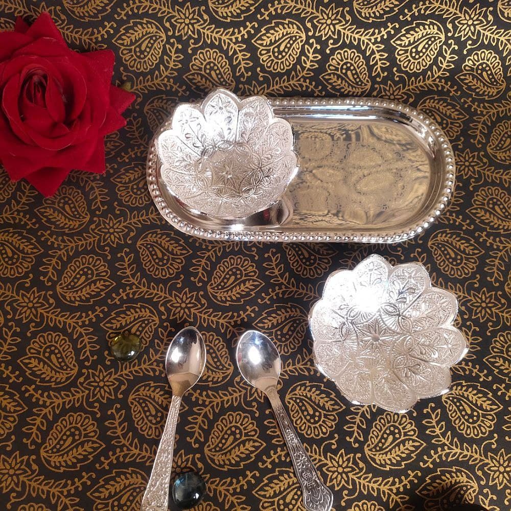 GERMAN SILVER 2PCS BOWL SET WITH SPOON & TRAY - 3