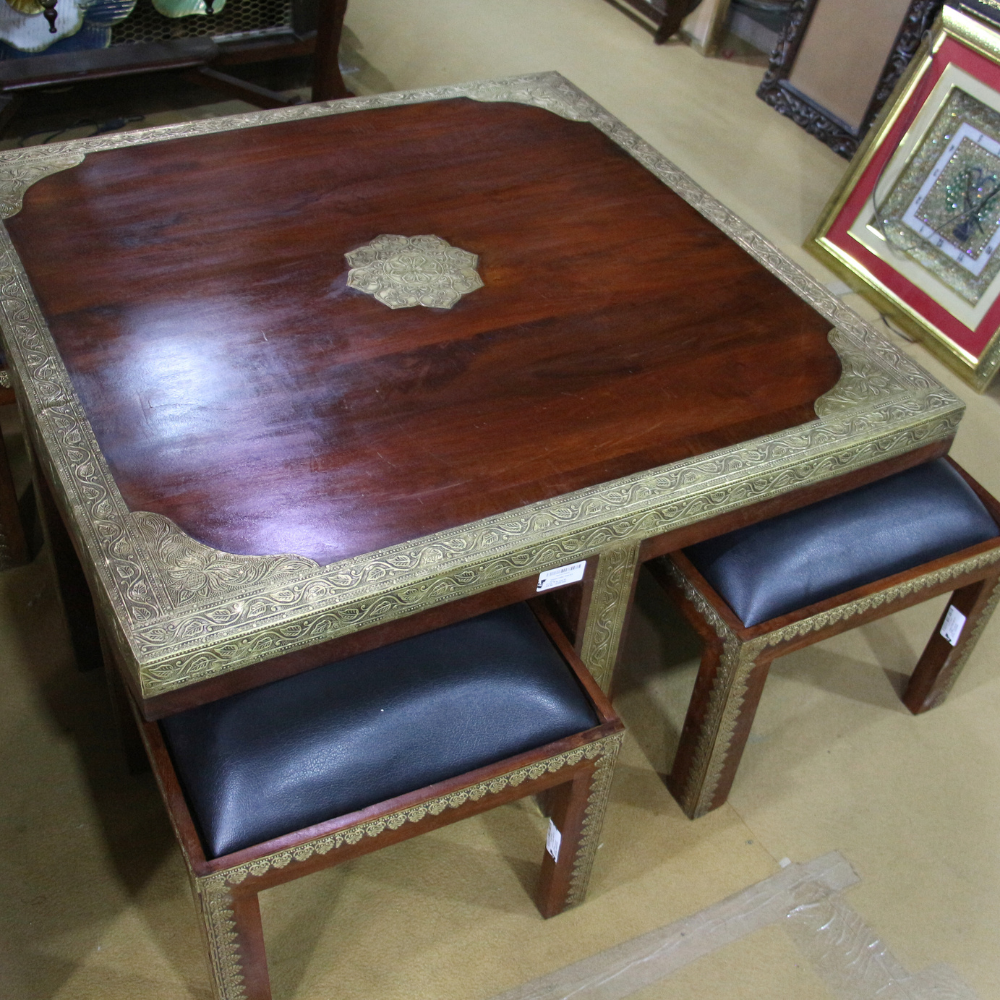 Wooden Coffee Table S/5 Brass & Regzine Ftd - 4