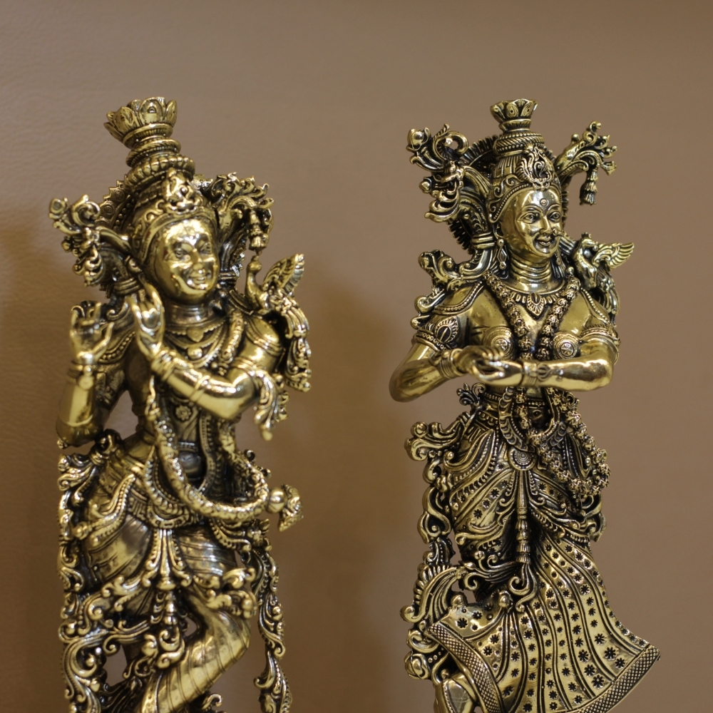 Brass Radha Krishna Pair Antique 10'' - 3