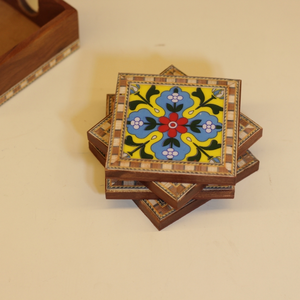Wooden Tea Coster 4pc Blue Poetry