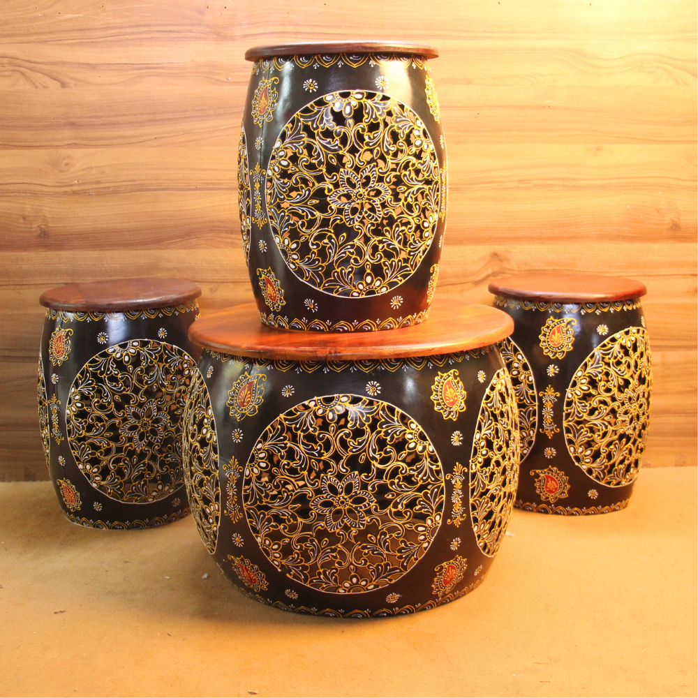 Iron Top Wooden Stool S/5 - 5