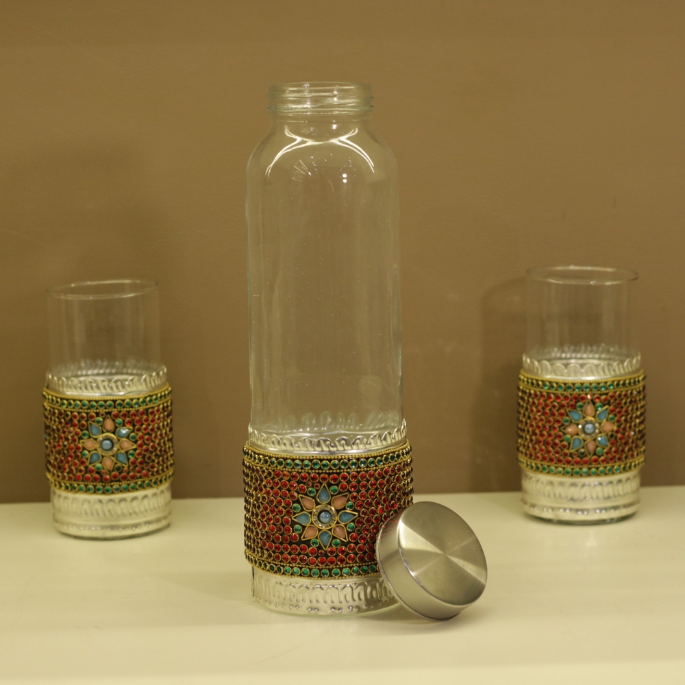 Bottle 2 Glass Set Stone Work - 5