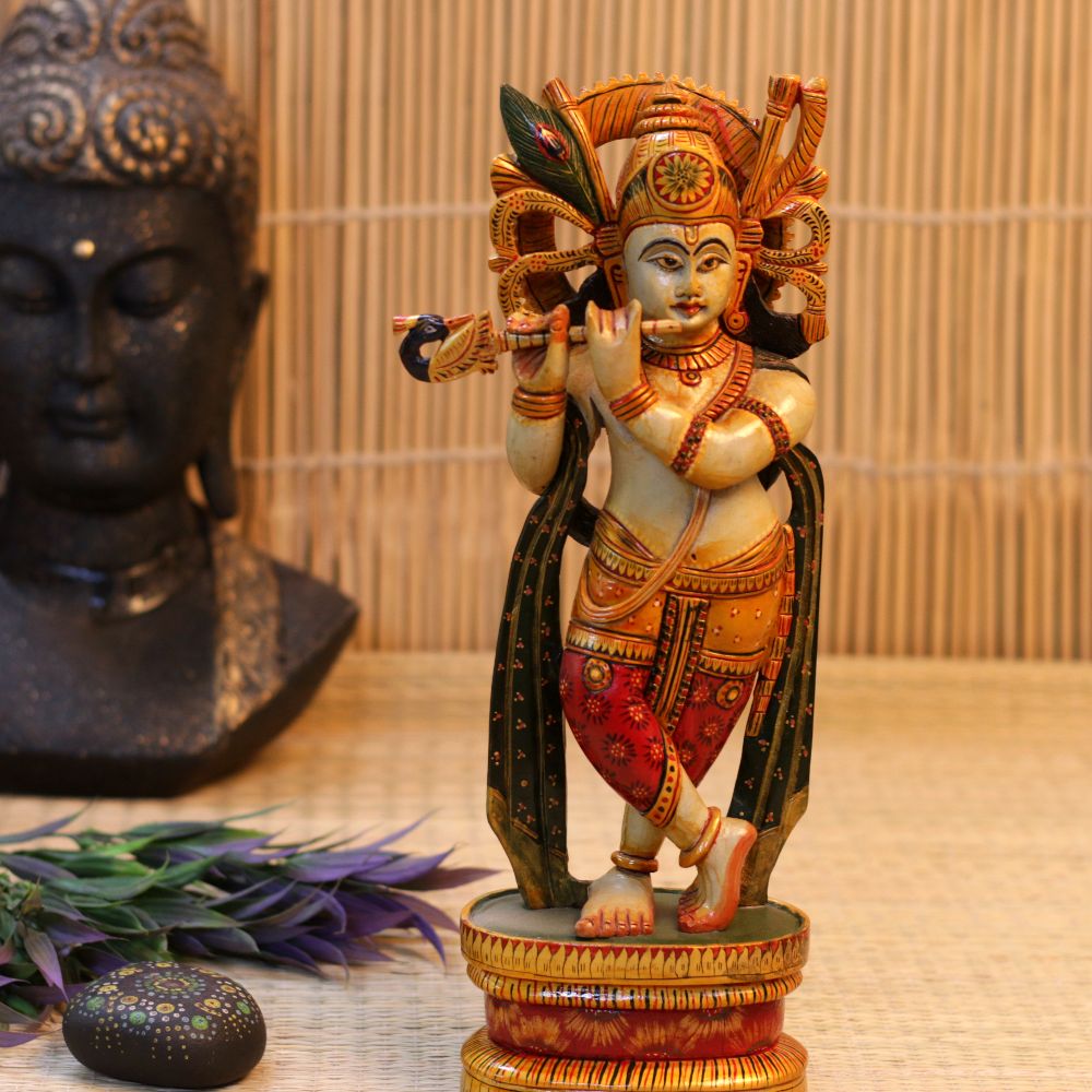 WOODEN COLORFULL STANDING KRISHNA 15 INCH