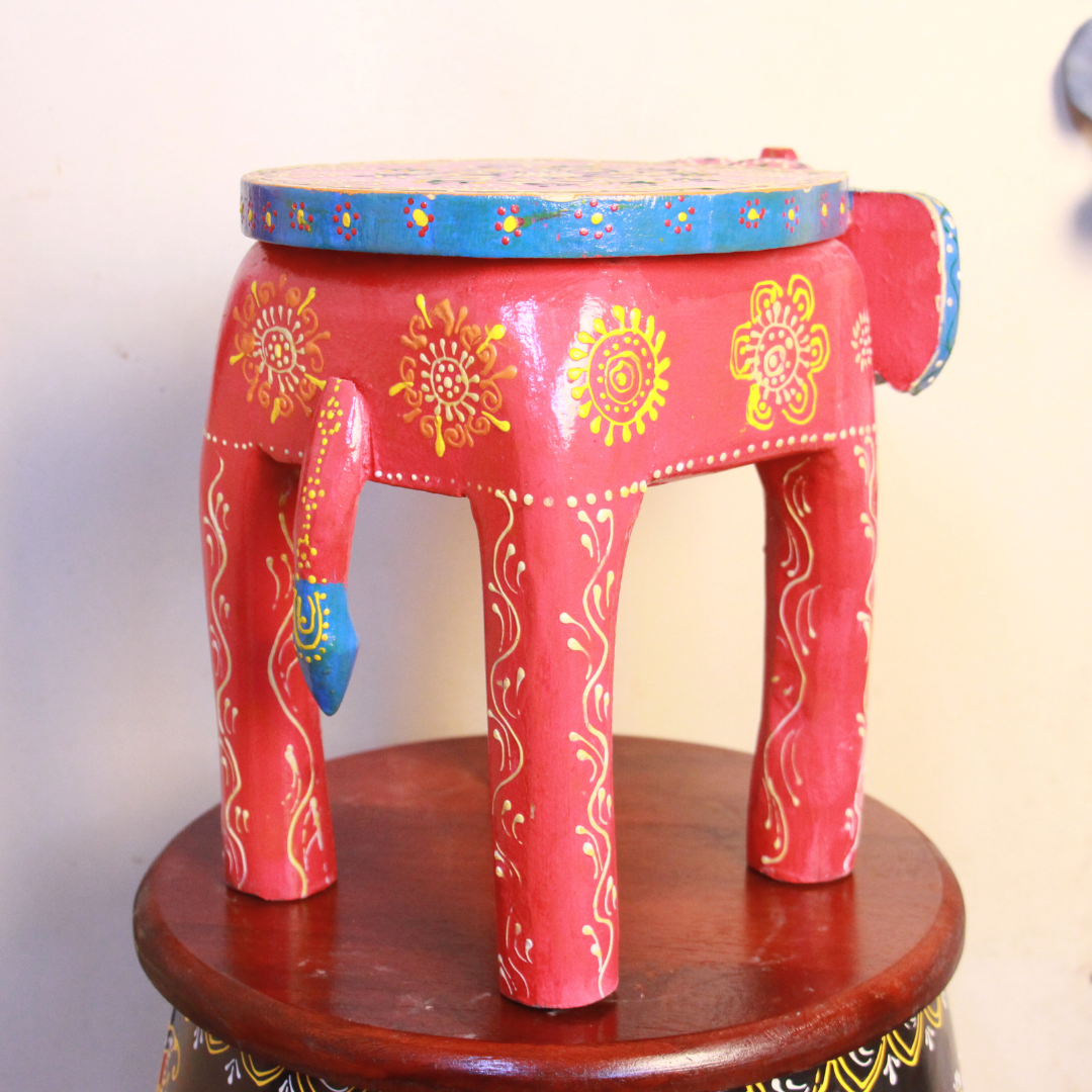 Wooden Painted Elephant Stool 10'' S - 5
