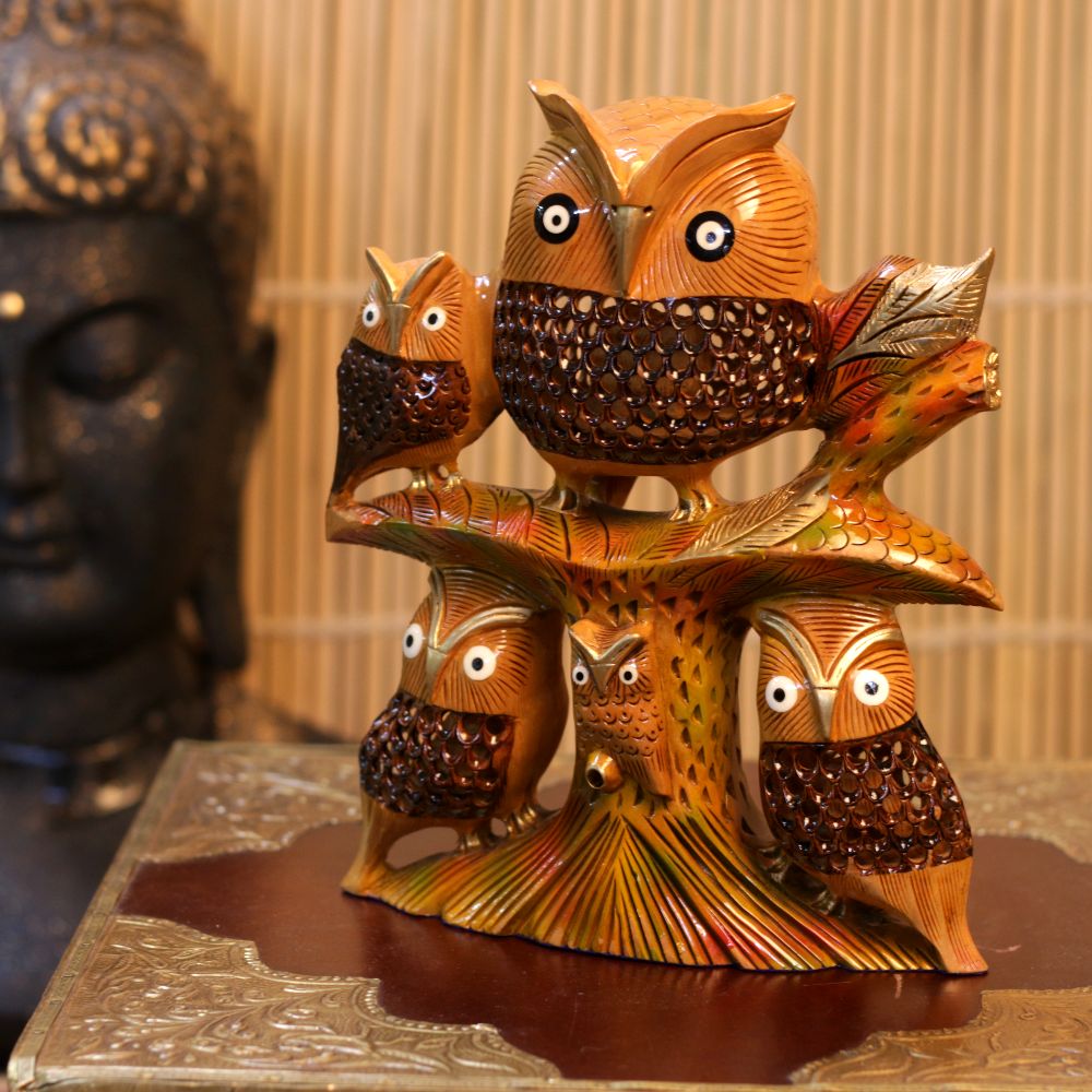 WOODEN NETED OWL FAMILY 8 INCH - 4