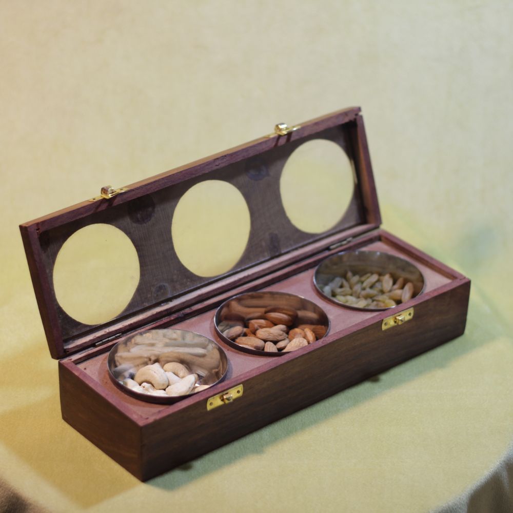 Wooden Dryfruit Box 3 Bowl 12X4