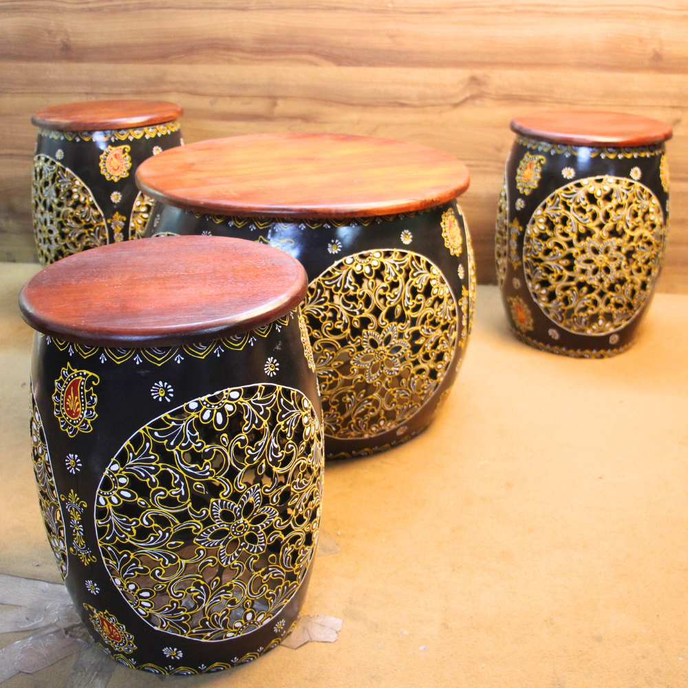 Iron Top Wooden Stool S/5 - 3