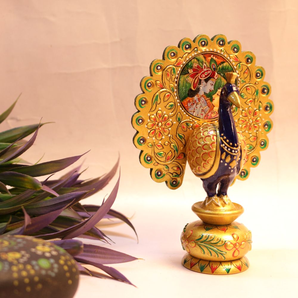 WOOD. RADHA KRISHAN WITH PEACOCK 12 INCH - 3