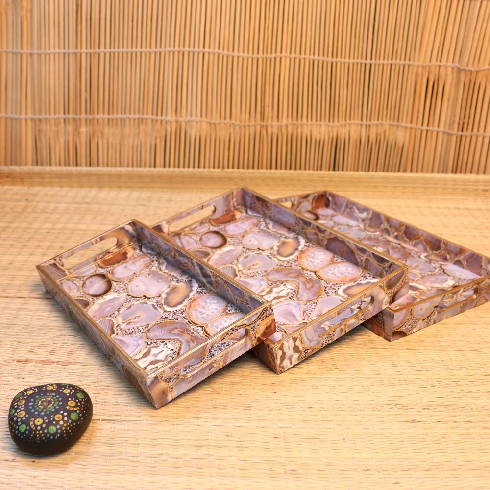 WOODEN PAINTED MDF GOLDEN TRAY SET OF 3