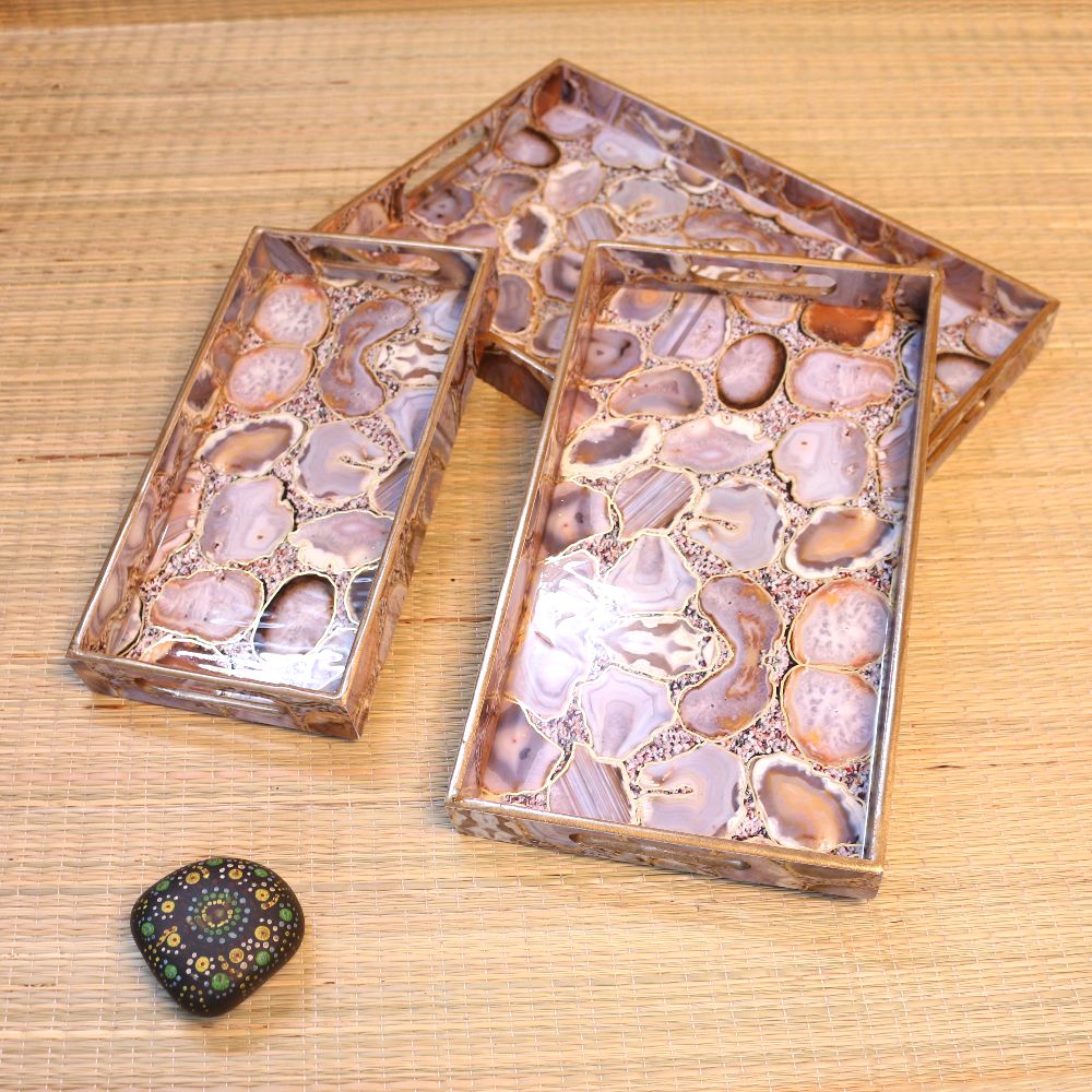 WOODEN PAINTED MDF GOLDEN TRAY SET OF 3 - 4