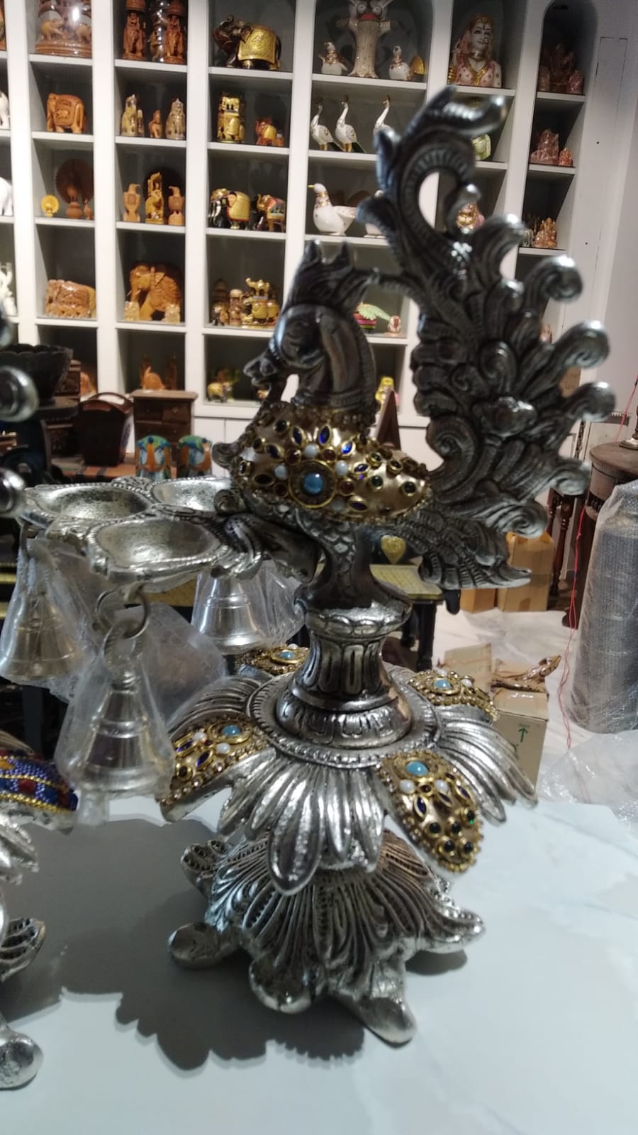 Peacock Samai 3 Diya Golden work