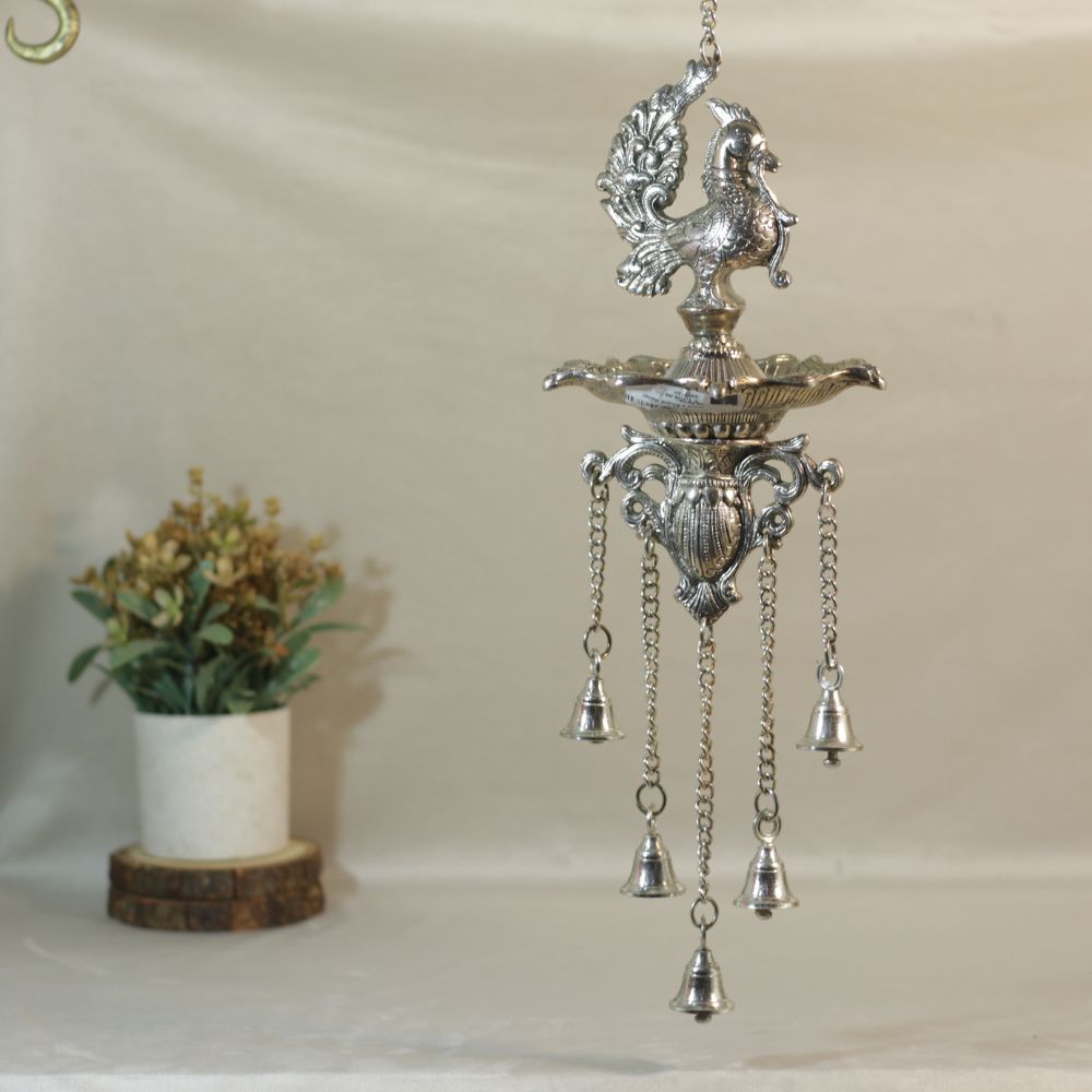 Metal 5 Ghanti Hanging Peacock Diya - 4