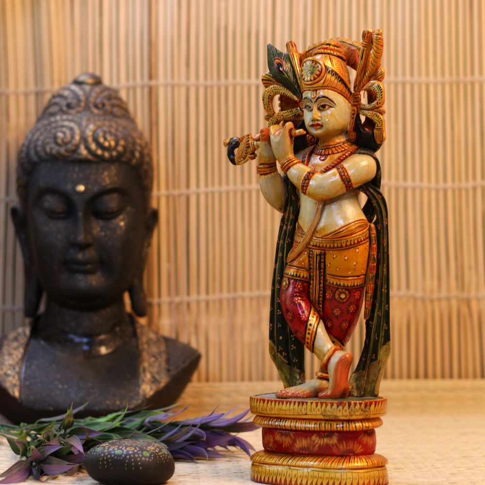 WOODEN COLORFULL STANDING KRISHNA 15 INCH