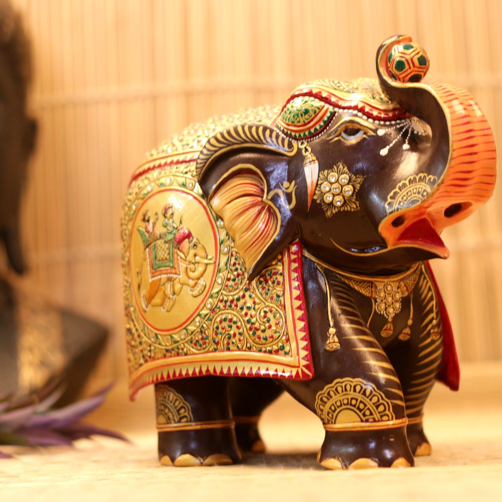 WOODEN HANDICRAFTED ELEPHANT WITH GOLDEN POLISH - 4