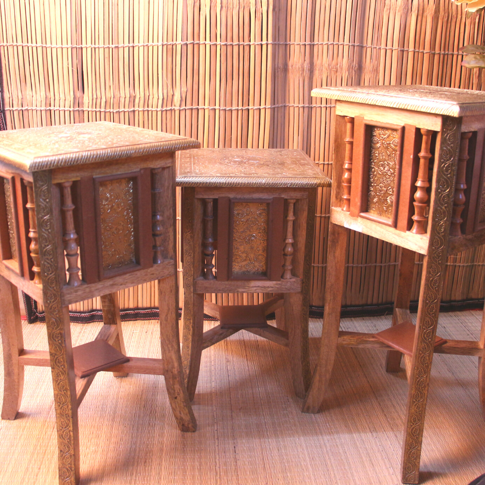 Wooden Stool Set Of 3 Brass Ftd