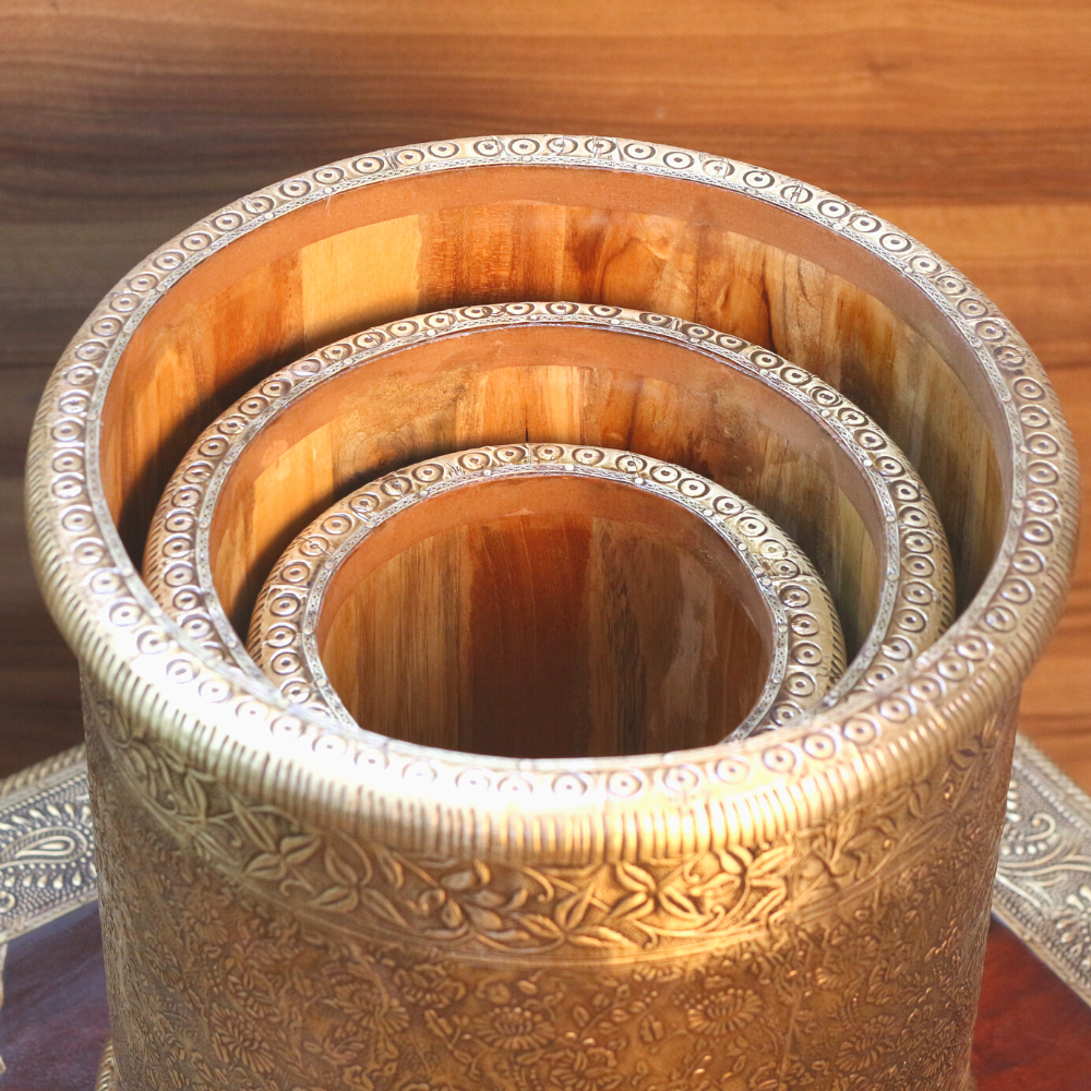Wooden Planter With Brass S/3