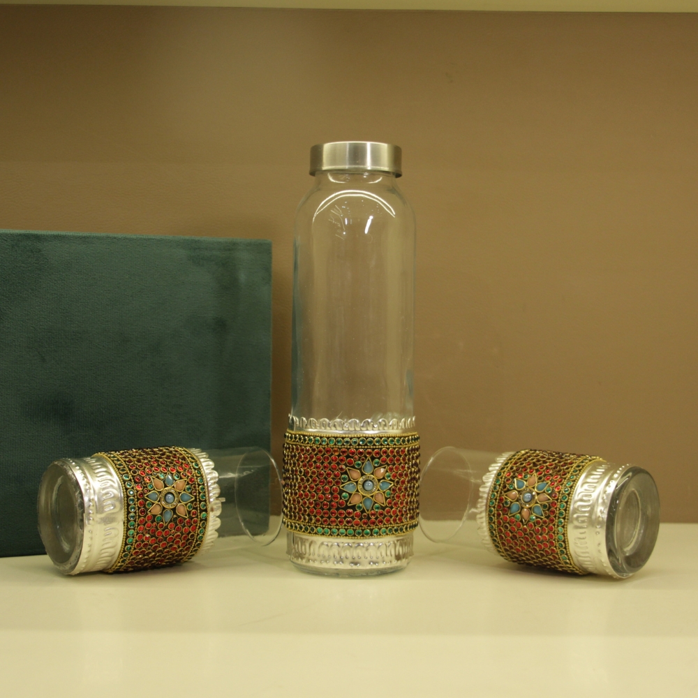 Bottle 2 Glass Set Stone Work - 3