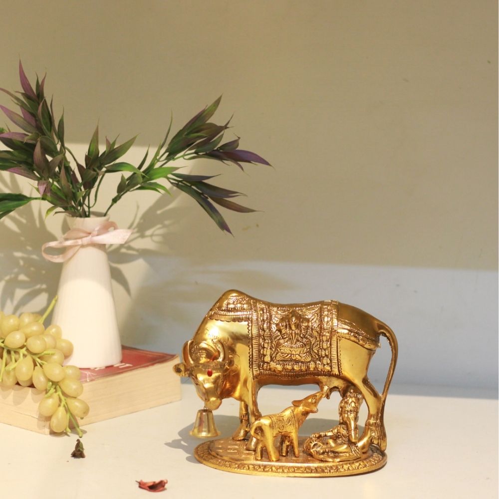 Big Metal Cow With Krishna