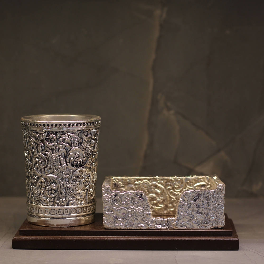 Pen Stand Card Holder Clad Silver