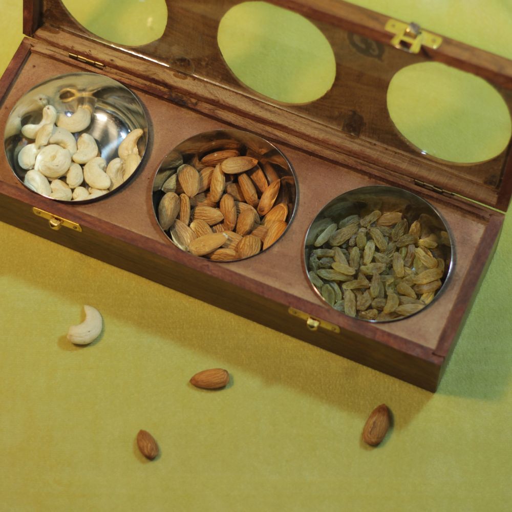 Wooden Dryfruit Box 3 Bowl 12X4 - 5