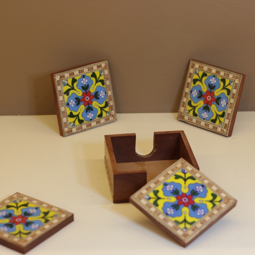 Wooden Tea Coster 4pc Blue Poetry - 3