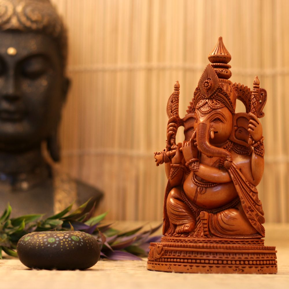 WOODEN GANESH JI WITH BANSURI - 4