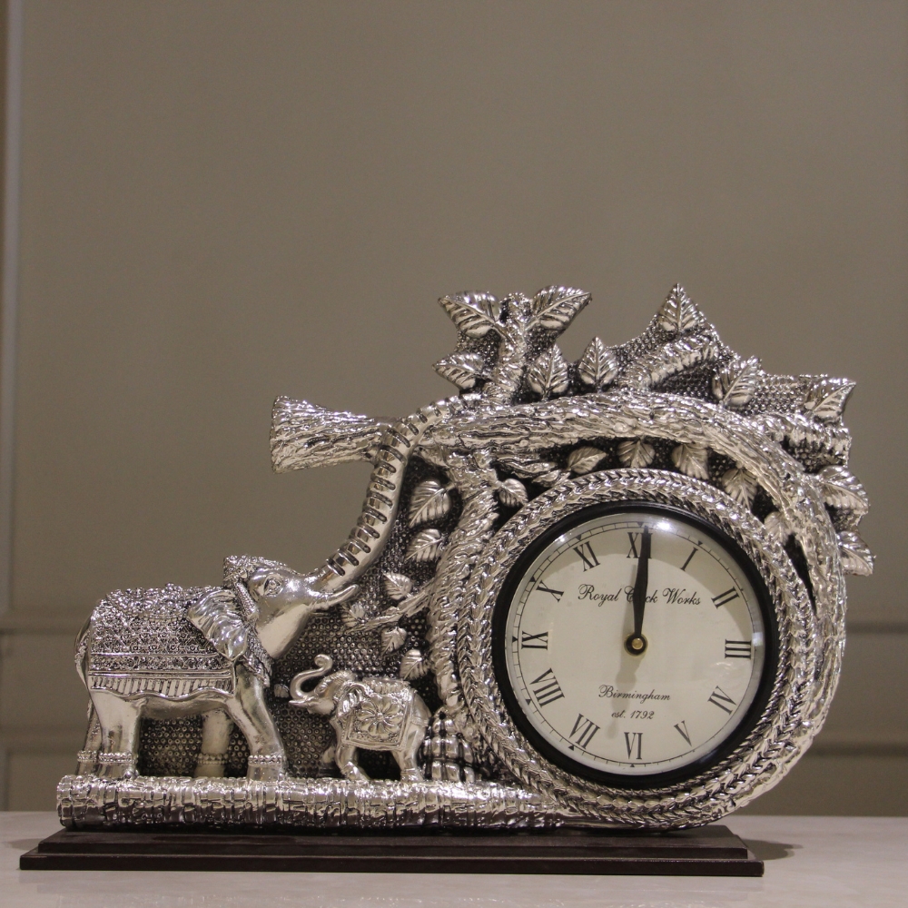 Clock Elephant Family Silver W/b - 3