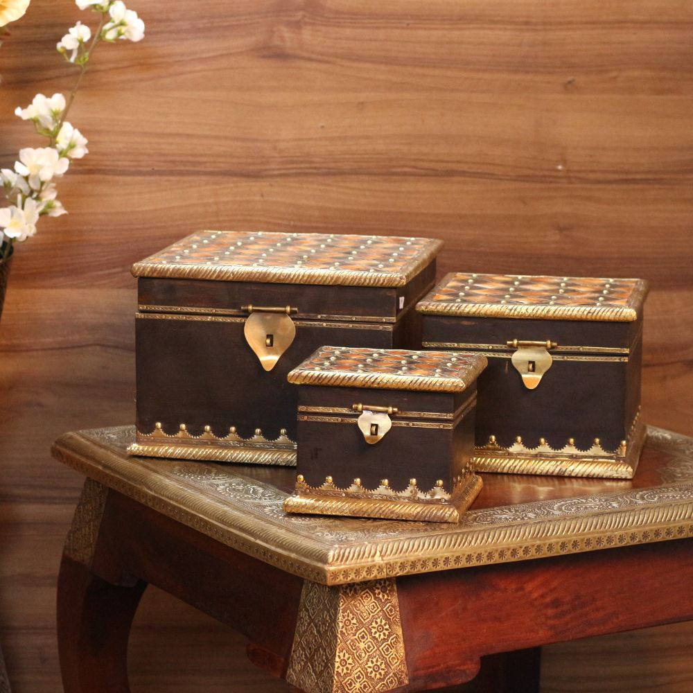 Wooden Box Set Of 3 Brass