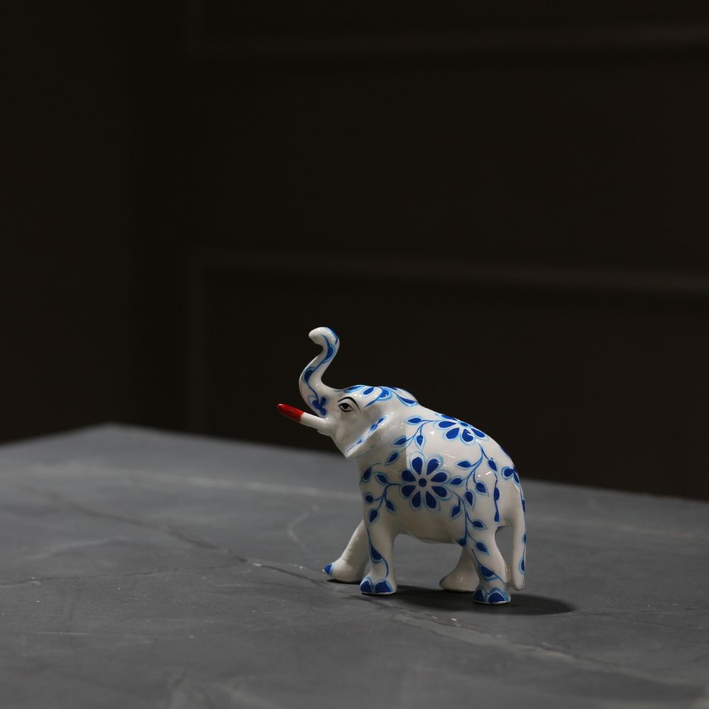 Metal Elephant Blue Pottery 4''