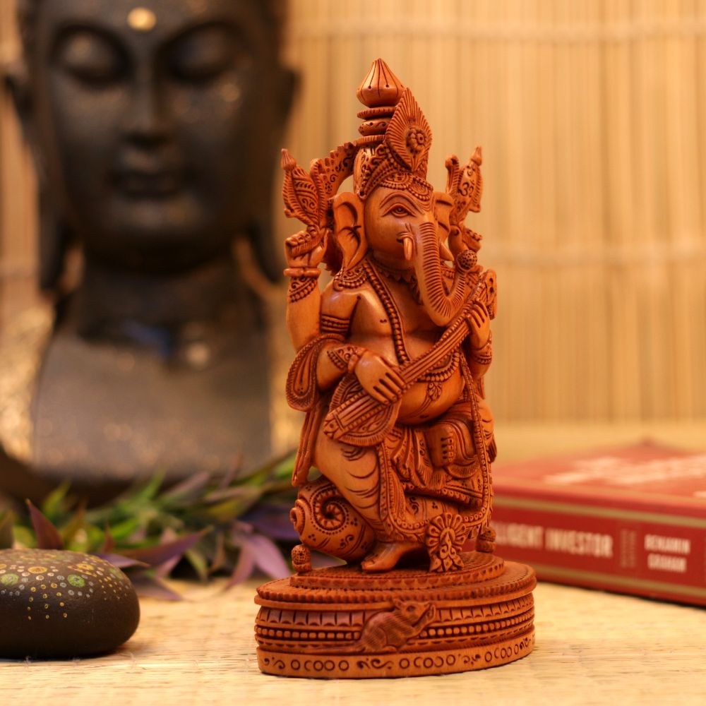 WOODEN SHESHAM GANESH JI PLAYING SITAR - 3