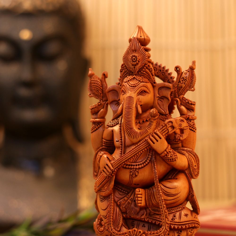 WOODEN SHESHAM GANESH JI PLAYING SITAR