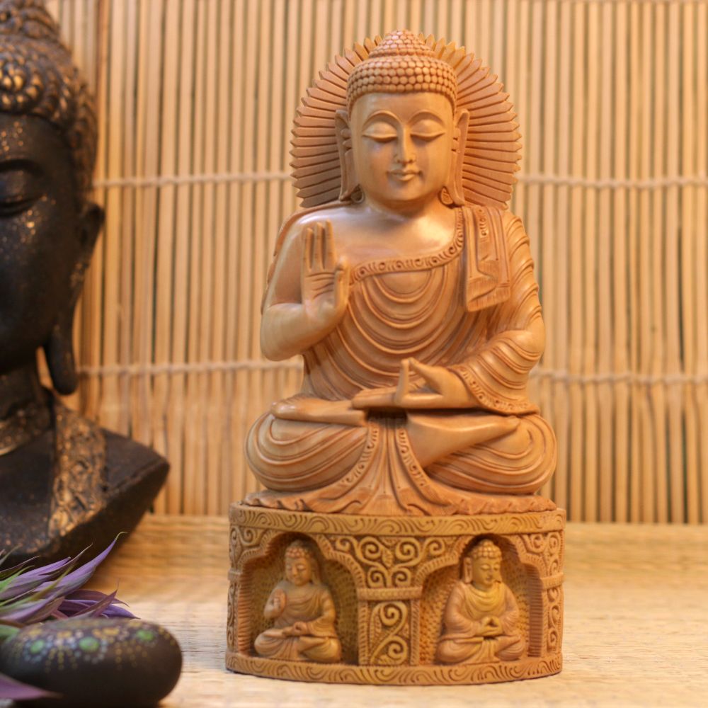 WOODEN CARVED 3 BUDHA 12 INCH