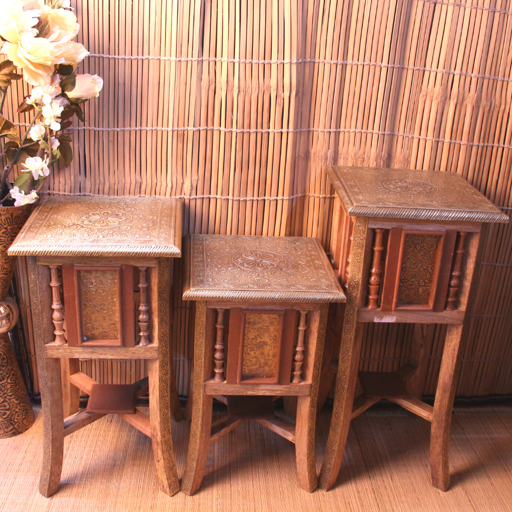 Wooden Stool Set Of 3 Brass Ftd