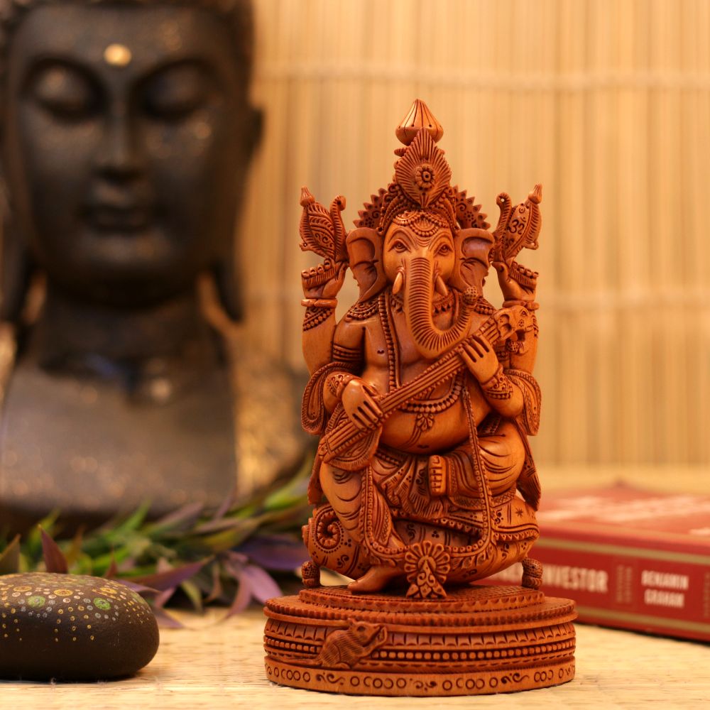 WOODEN SHESHAM GANESH JI PLAYING SITAR