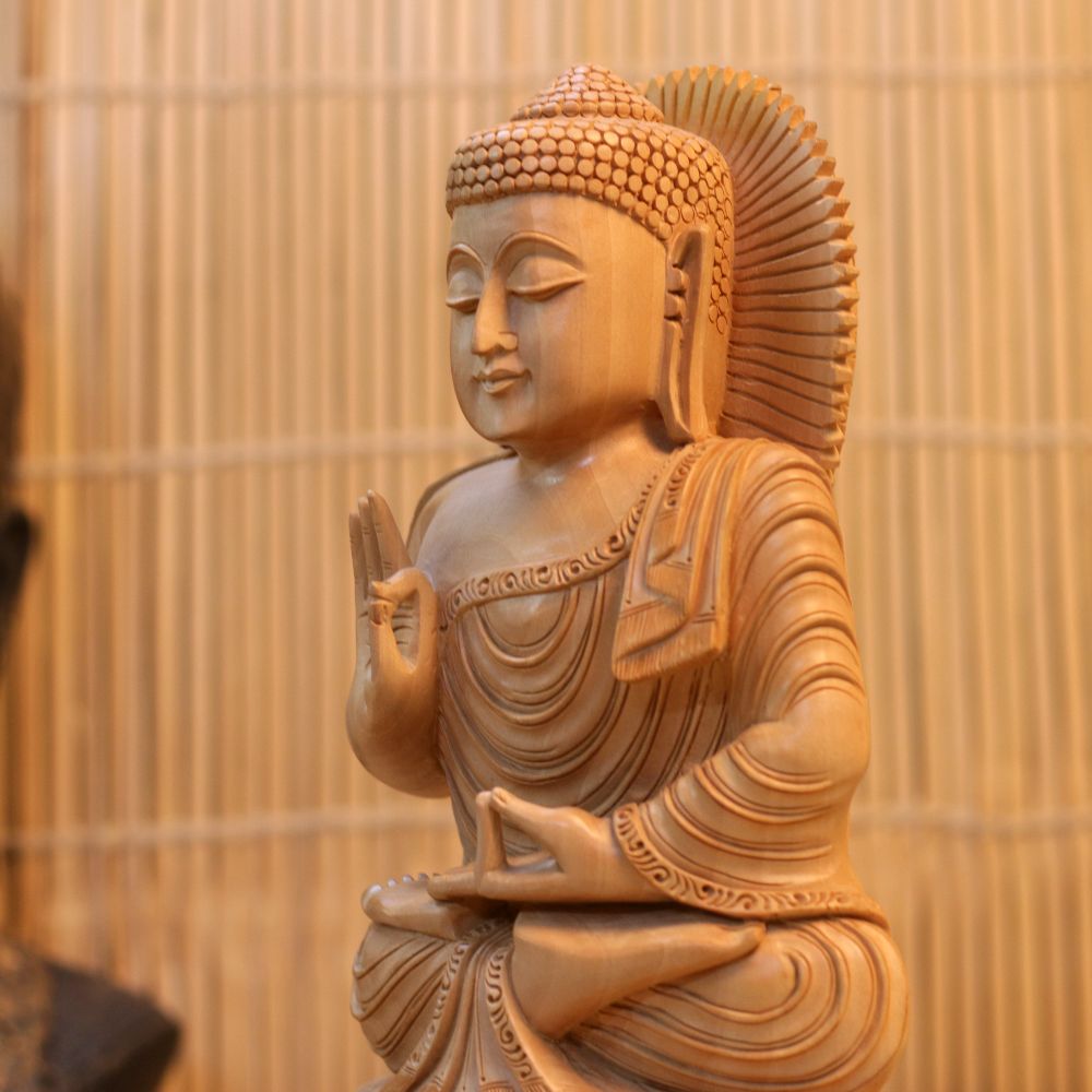 WOODEN CARVED 3 BUDHA 12 INCH