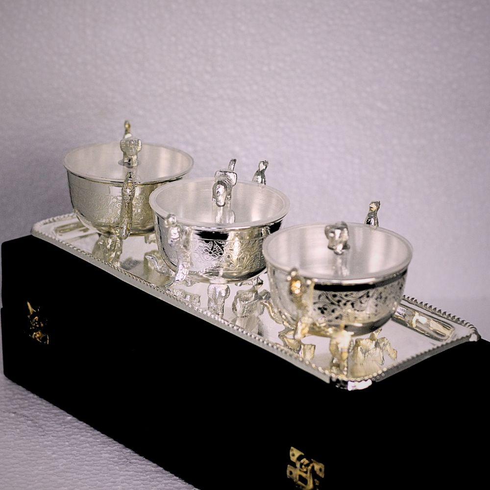 3Pc Brass Elephant/Peacock Bowl Set