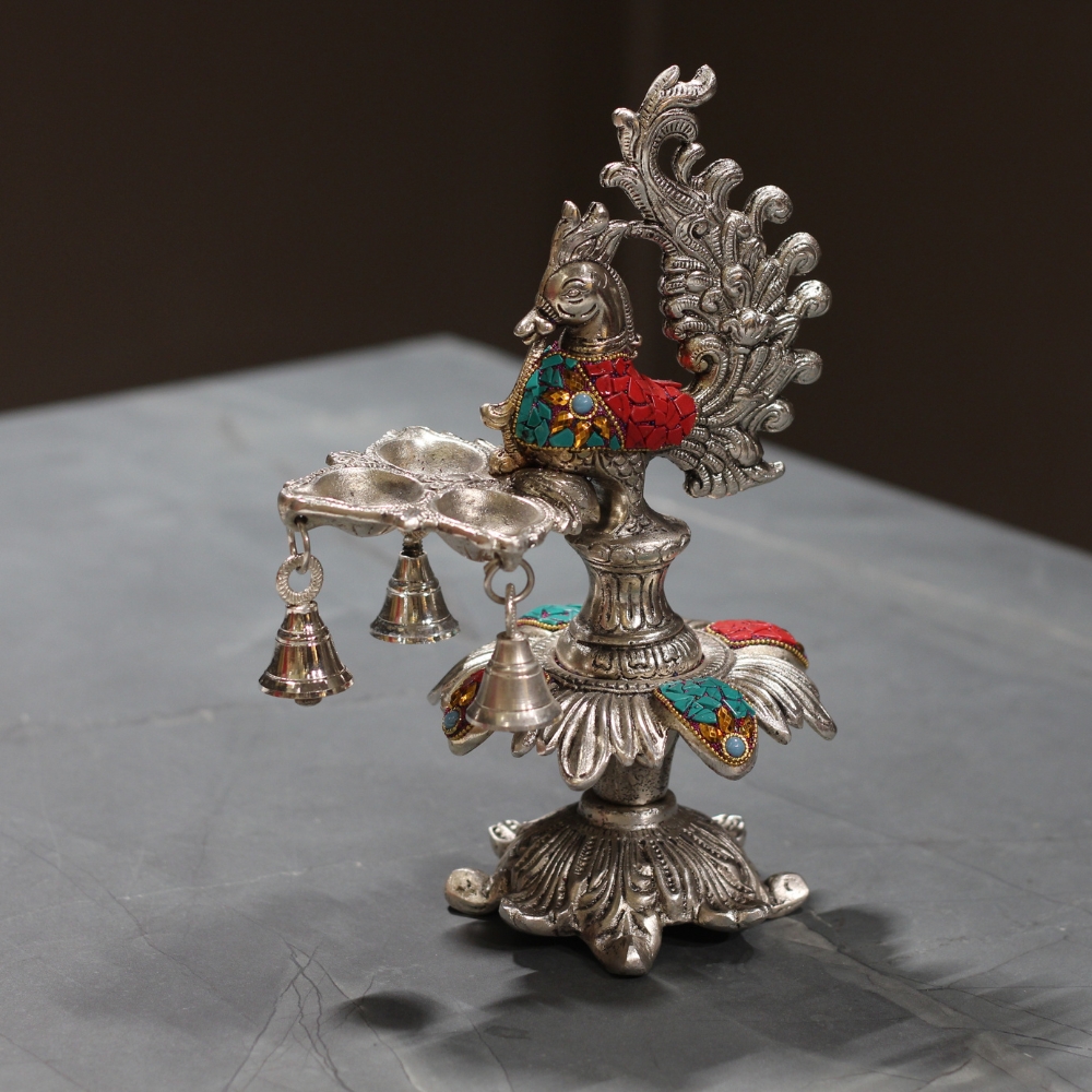 Peacock Samai 3 Diya Stone Work - 3