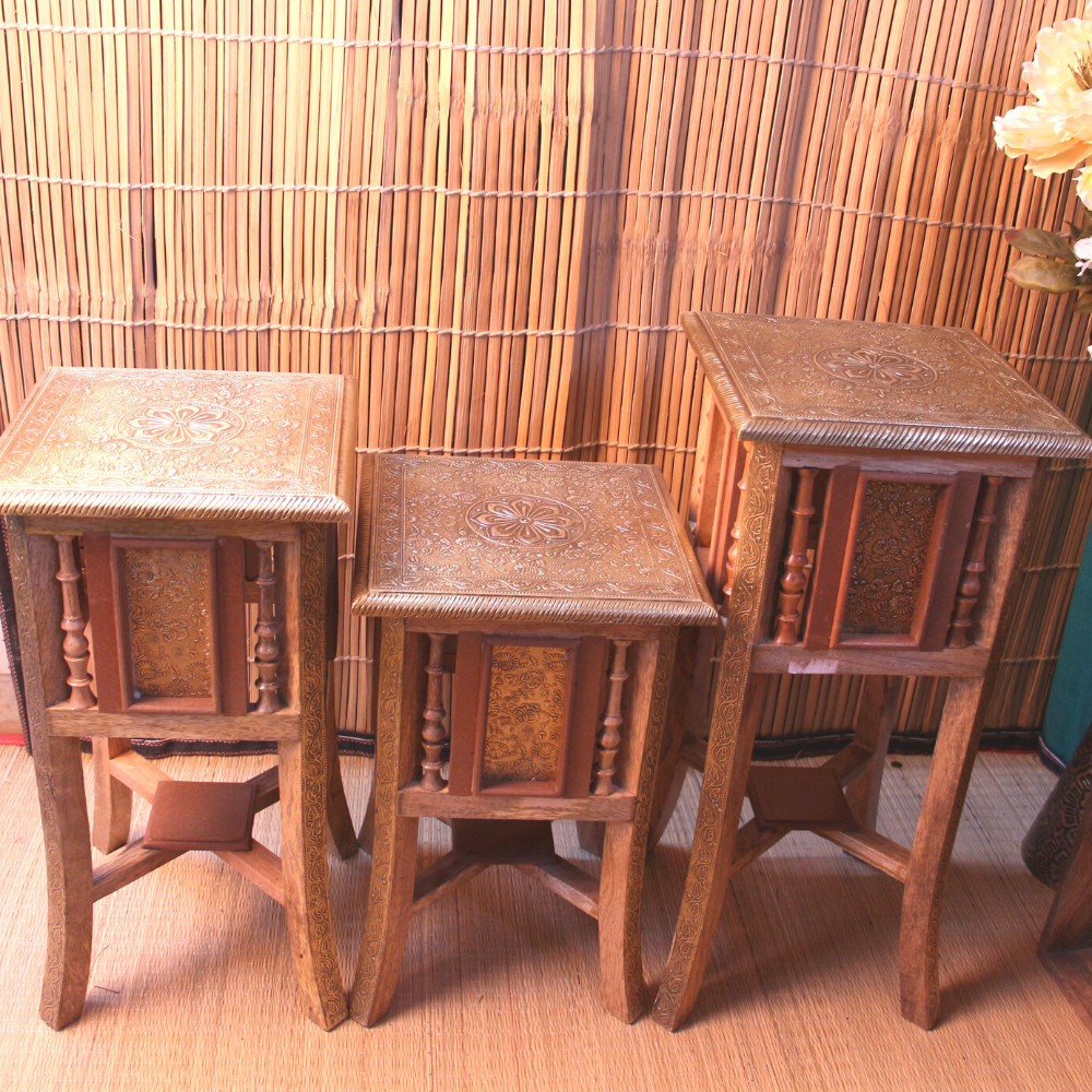 Wooden Stool Set Of 3 Brass Ftd - 5