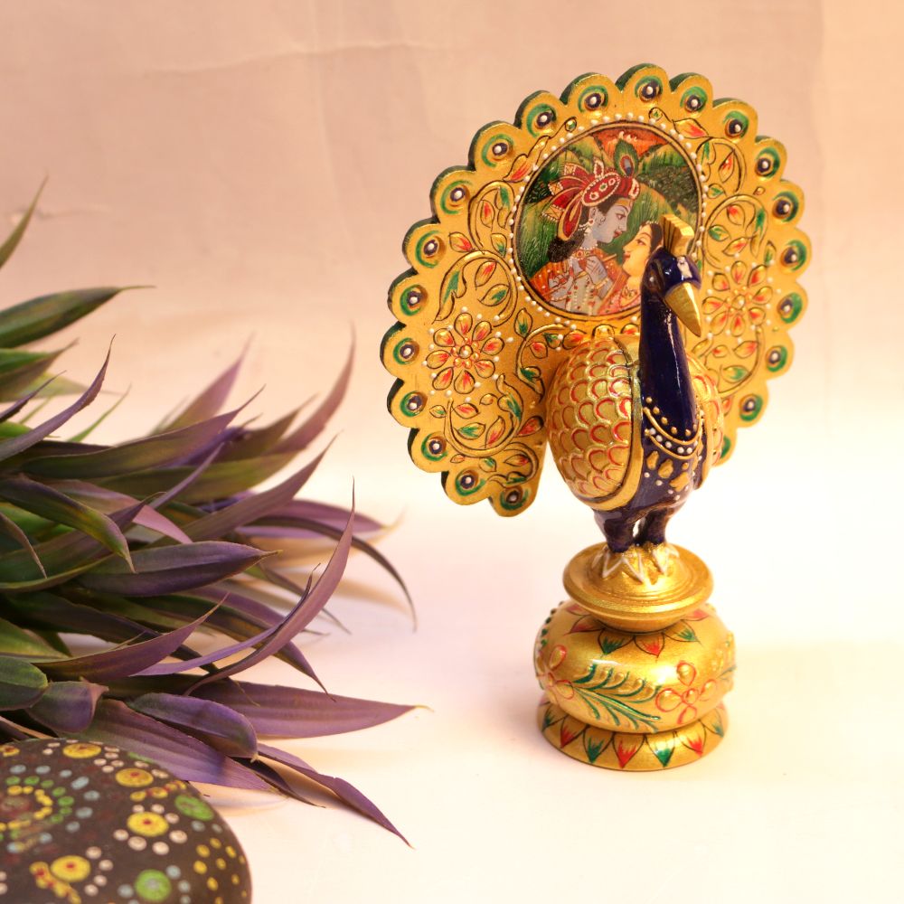 WOOD. GOLDEN RADHAKRISHAN COW PEACOCK 12 INCH - 4