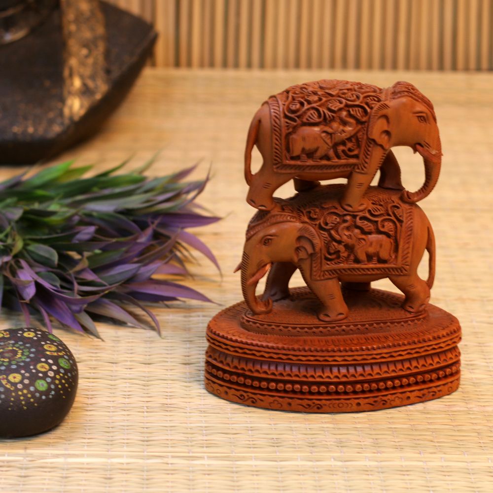 WOODEN CARVED DOUBLE ELEPHANT - 4