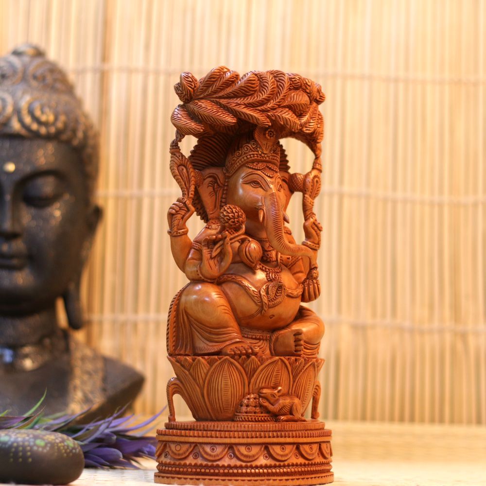 HANDCRAFTED WOODEN CARVED GANESH JI 11 INCH