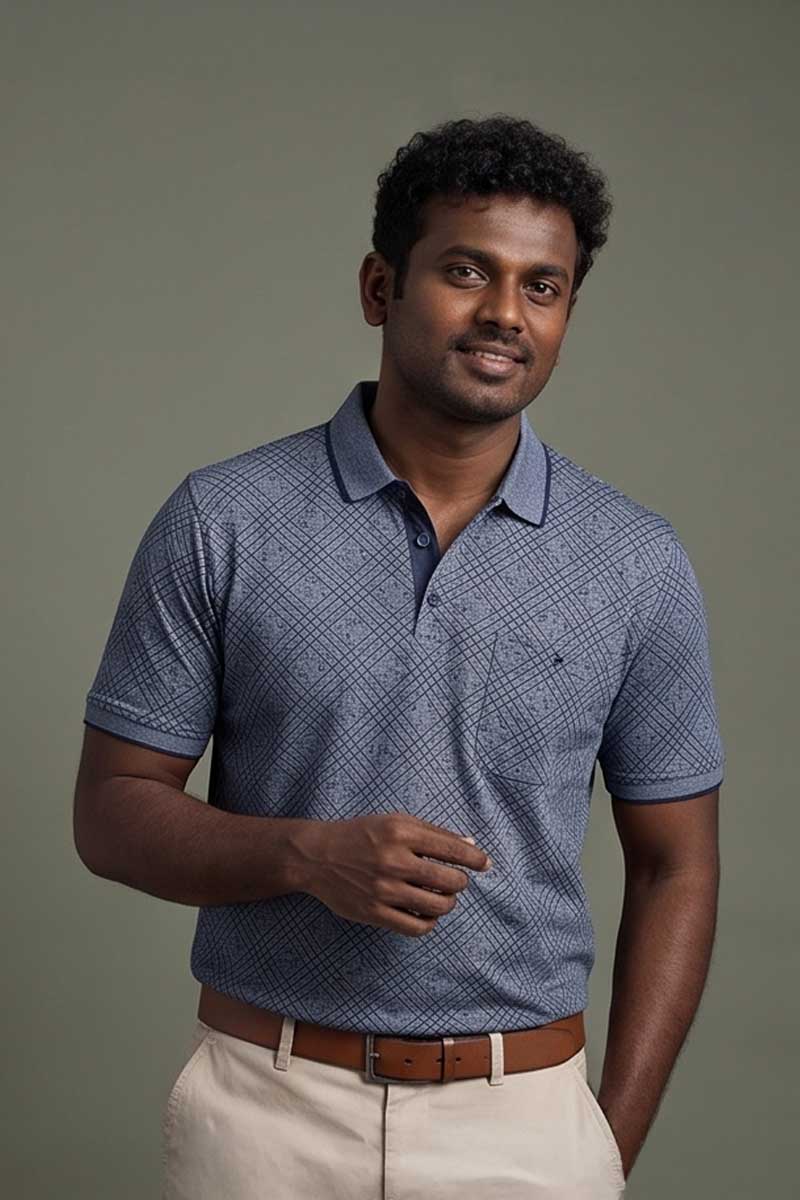 Slate Grey Diagonal Check Polo T-Shirt -Grey - 4