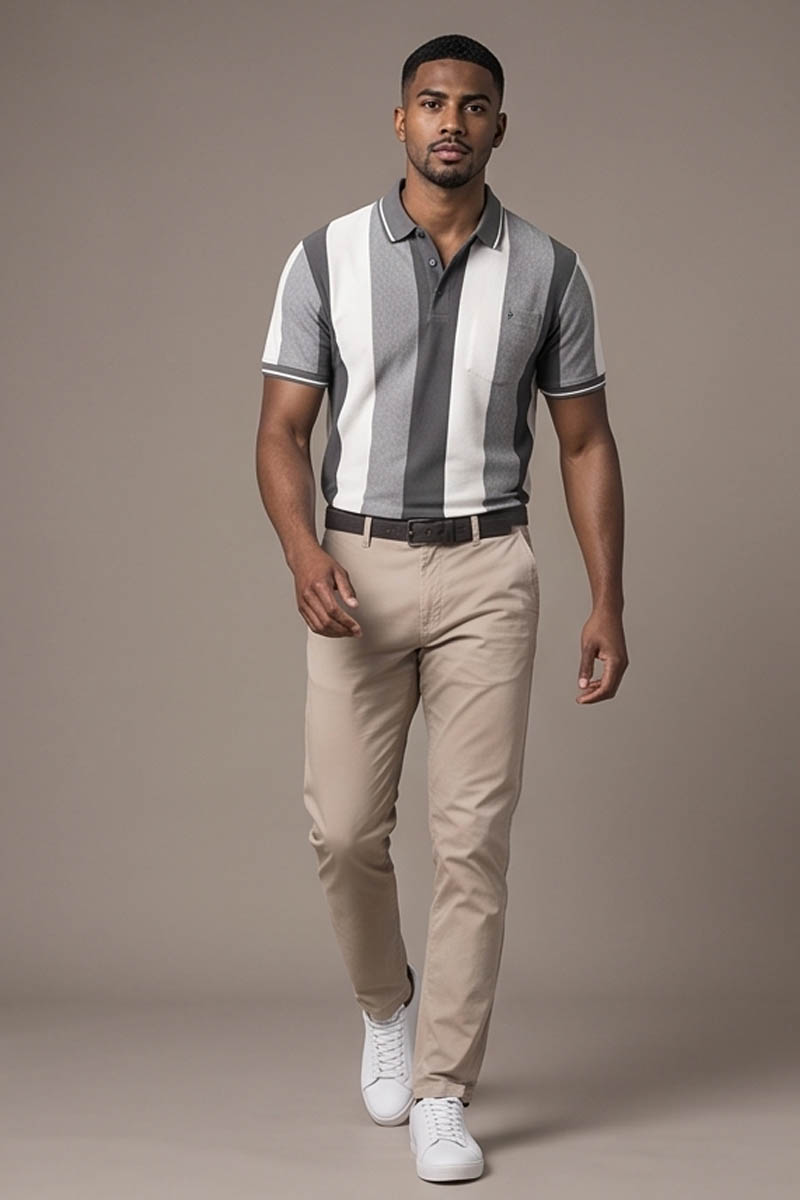 Monochrome Vertical Stripe Polo T-Shirt -Grey - 2
